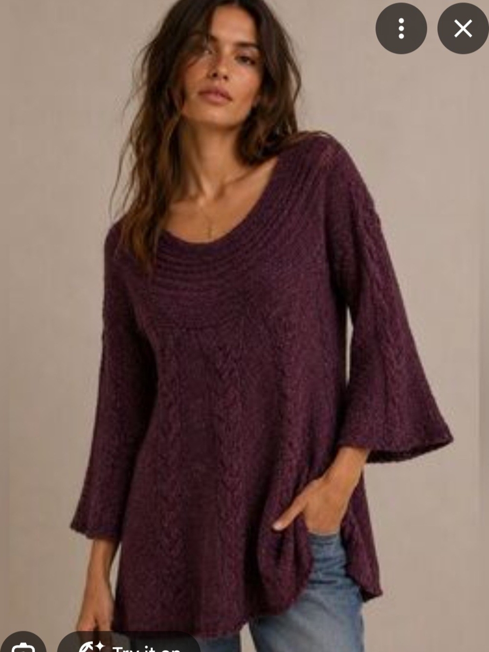 Free People Wool Relaxed Scoop-Neck Cable Knit Sweater in Plum Size Small